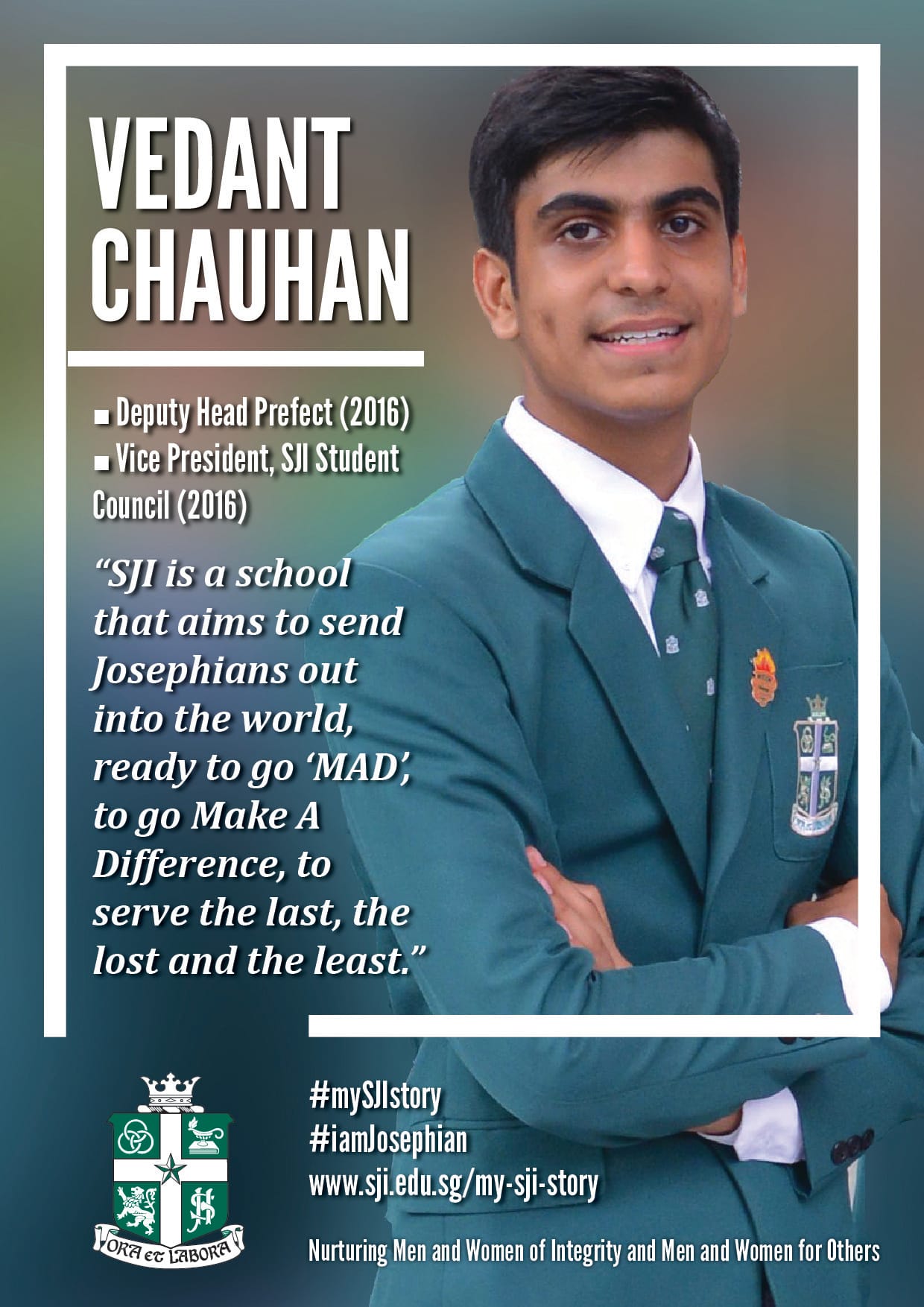 A smiling young man in a green school blazer with arms crossed, featured in an SJI school promotional poster.